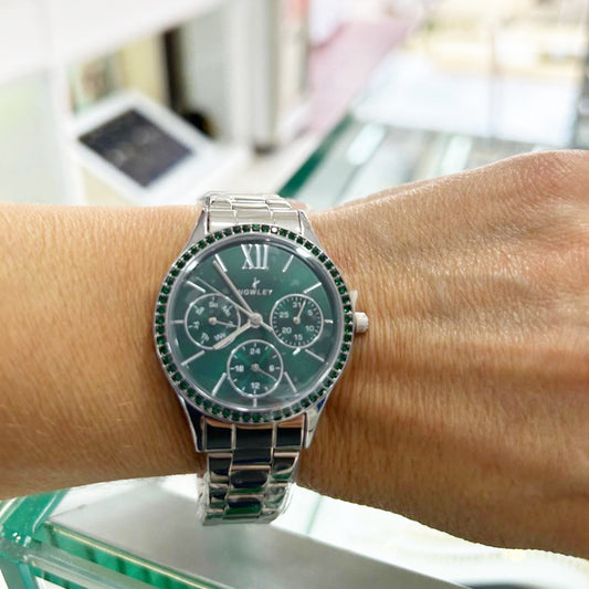 Reloj NOWLEY CHIC plateado con circonitas y esfera verde para mujer