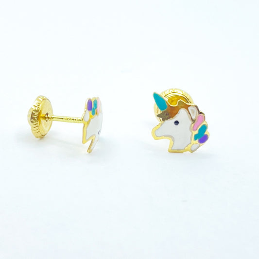 Pendientes Oro 18K unicornios esmaltado para niña