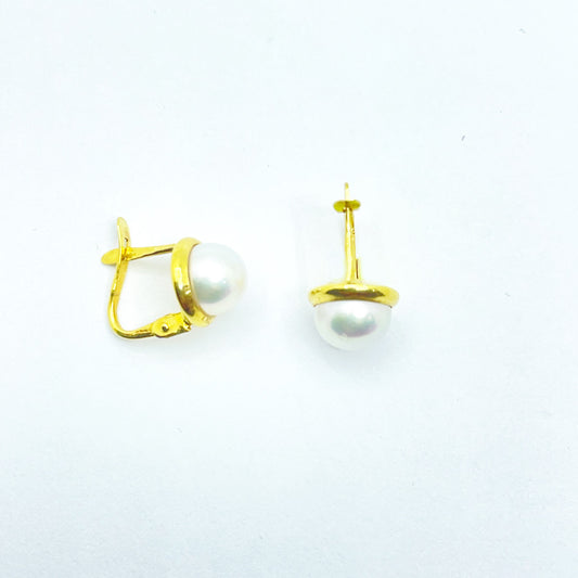 Pendientes de oro 18K perla blanca cierre catalan para mujer