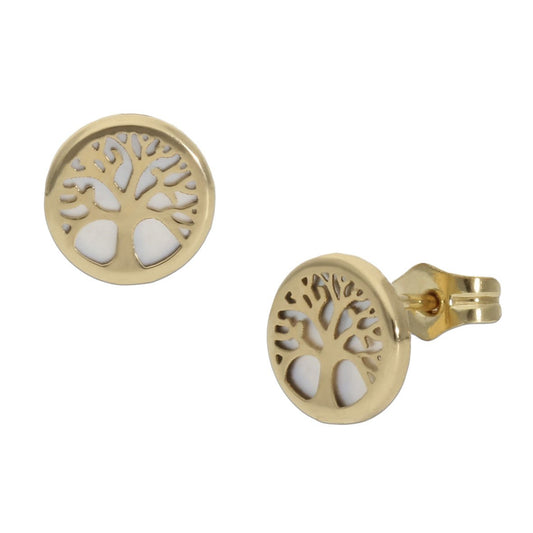 Pendientes oro 18K Árbol de la vida con nácar 7mm para mujer